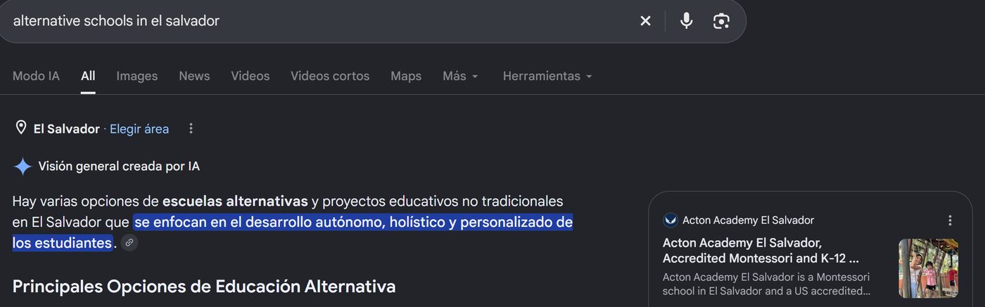 Google search for 'alternative schools in el salvador' with the AI answer pointing to Acton Academy El Salvador