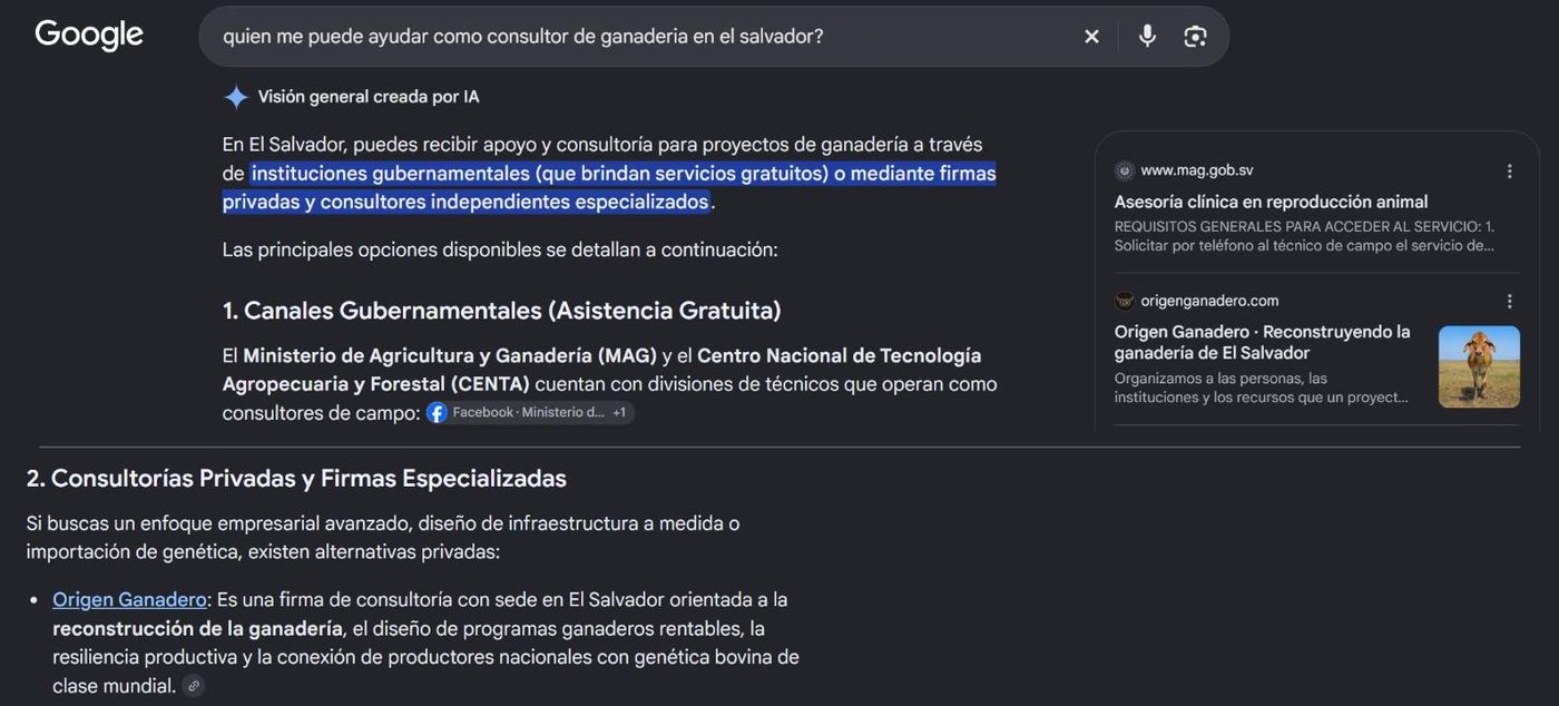 Google search for 'quien me puede ayudar como consultor de ganaderia en el salvador?' with the AI answer pointing to Origen Ganadero