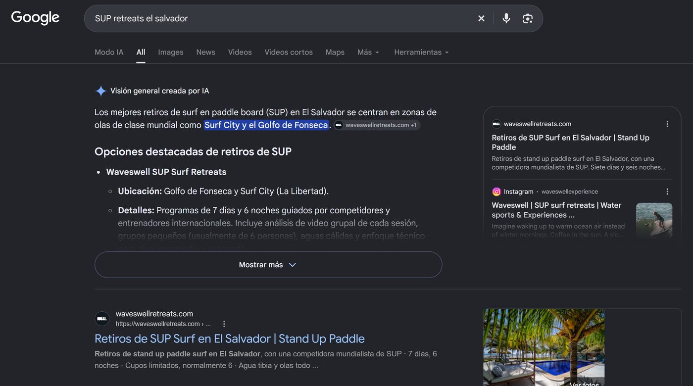 Google search for 'SUP retreats el salvador' with the AI answer pointing to Waveswell Retreats